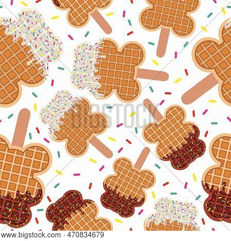 Sweet Food Bear Shape And Dessert Food, Vector Seamless Pattern Of Golden Brown Homemade Corn Dog Wa