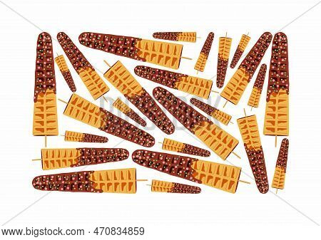 Sweet Food And Dessert Food, Vector Pattern Of Golden Brown Homemade Corn Dog Or Hot Dog Waffle On A
