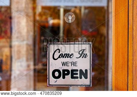 Close-up On An English Open Sign Saying 