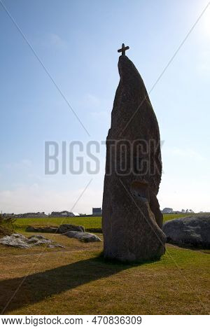 The Menhir Of Men Marz Is A Christianized Menhir Located In The Commune Of Brignogan-plages, In The 