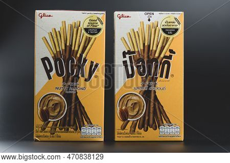 Bangkok, Thailand - February 16, 2023 : Biscuit Stick Box With Pocky Brand, Pocky Nutty Almond Flavo