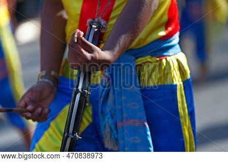 Percussionist Playing With A Frame Drum During The Carnival Of The Grand Boucan.