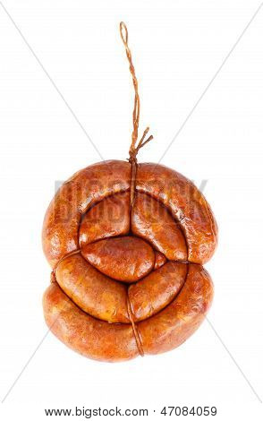 Fragrant smoked sausage on a white background