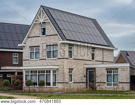 Houten, Province Utrecht, The Netherlands, 11.02.2023, Newly Built Modern Dutch Family House With Ph
