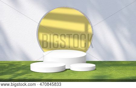 Cylinder Podiums On Artificial Grass With Garden Plant Shadow On Circle Concrete Partition And Yello