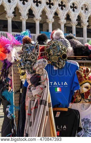 Venice, Italy - February 23 2019: Open-air Pavilion Where Street Vendors Sell Venetian Carnival Mask