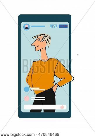 Young Man, Girl Waving Hand From Phone Screen. Flat Style, Isolated Vector Element