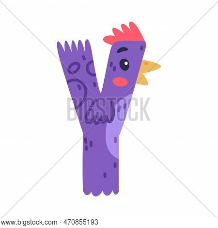 Bird Alphabet Y Capital Letter. Purple Vowel Letter With Eyes, Beak And Wings Cute Cartoon Vector Il