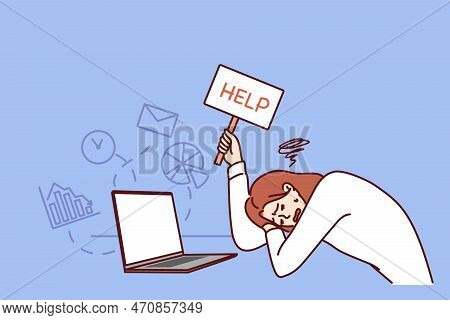 Tired Woman Showing Help Sign, Lying Down On Table After Having Experienced Burnout. Unhappy Girl Su