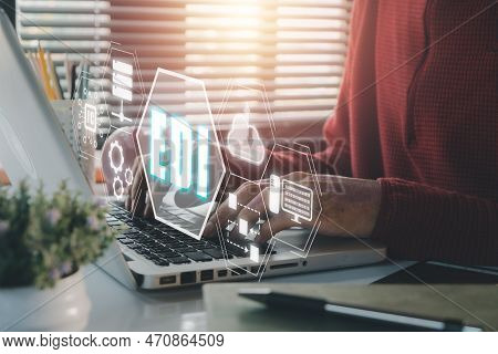 Edi-electronic Data Interchange Concept, Person Using Computer On Office Desk With Virtual Screen Ed