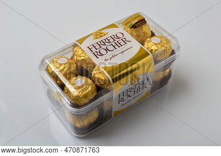 Klang, Malaysia: February 17, 2023- Ferrero Rocher In A Box. Ferrero Rocher Is A Decadent Chocolate 