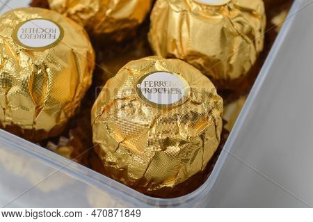 Klang, Malaysia: February 17, 2023- Ferrero Rocher In A Box. Ferrero Rocher Is A Decadent Chocolate 