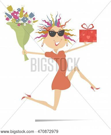 Running Young Woman With Flowers And A Gift Box. 
Cartoon Running Woman Holds Flowers And A Present 