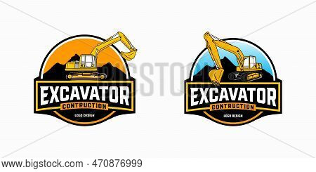 Excavator Logo Designs With Mountain Template, Heavy Equipment Construction - Earth Mover Logo Vecto