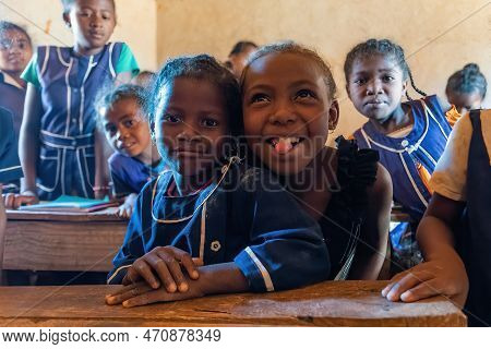 Vohitsaoka, Ambalavao, Madagascar - November 17. 2022: Happy Malagasy School Children Students In Cl
