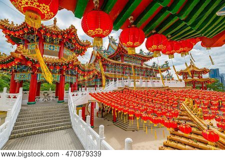In Kuala Lumpur, Malaysia In Thean Hou Temple Is Adorned By Chinese Lanterns. Temple Dedicated To Ma