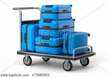 Regular Suitcase On Hotel Trolley Cart For Carrying Baggage On White Background