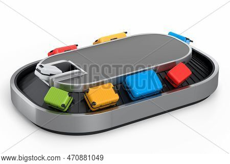 Airport Luggage Conveyor Belt Or Baggage Claim Area With Suitcases On White.