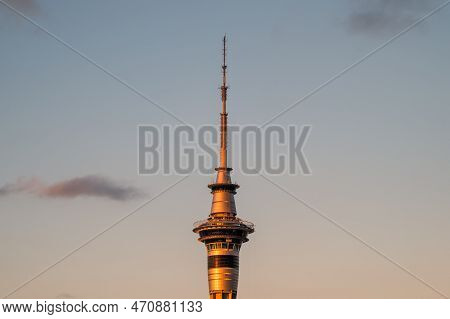 Auckland, New Zealand - December 27th 2022: Evening Sun Lighting Up Sky Tower, A 328m Tall Telecommu