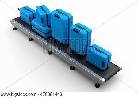 Airport Luggage Conveyor Belt Or Manufacture Line With Baggages On White.