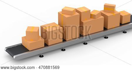 Airport Luggage Conveyor Belt Or Manufacture Line With Cardboard Boxes On White