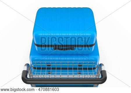Regular Suitcase On Hotel Trolley Cart For Carrying Baggage On White Background