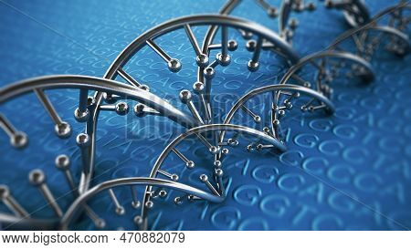 Silver Dna Helix On Blue Backgrounds. 3d Illustration.