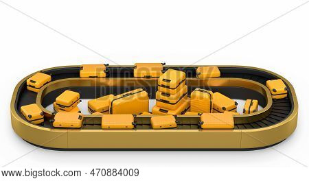 Airport Luggage Conveyor Belt Or Baggage Claim Area With Suitcases On White.