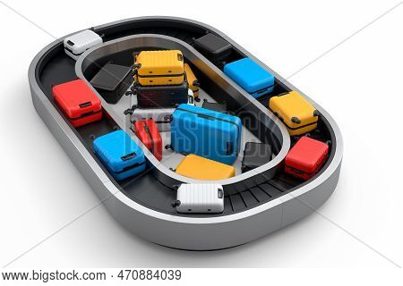 Airport Luggage Conveyor Belt Or Baggage Claim Area With Suitcases On White.