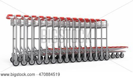 Airport Luggage Carts Or Baggage Trolley Side On White Background