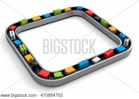 Airport Luggage Conveyor Belt Or Baggage Claim Area With Suitcases On White.