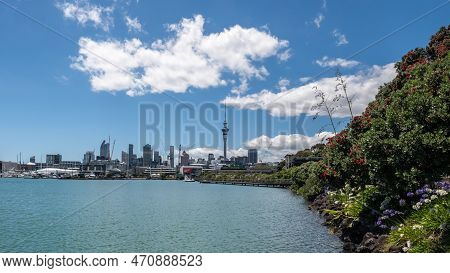 Auckland, New Zealand - December 28th 2022: The Sky Tower Dominates The Auckland City Skyline In New