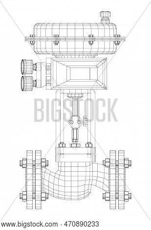 Valve With Automatic Electro-actuated. 3d Illustration. Wire-frame Style. Orthography Or Isometric