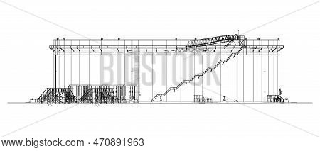 Large Oil Tank With Floating Roof. 3d Illustration. Wire-frame Style. Orthography