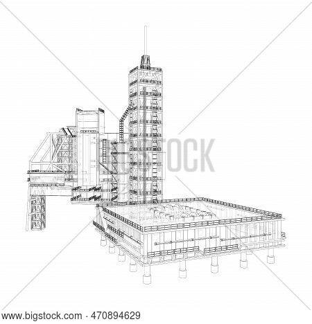 Launch Pad Whithout Space Rocket. 3d Illustration. Wire-frame Style. Elements Of This Image Furnishe