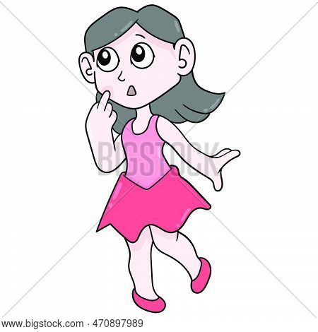 Beautiful Girl Wearing Dress Gawking Faced Thinking, Vector Illustration Art. Doodle Icon Image Kawa