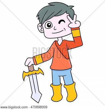 Male Knight Standing Carrying Heirloom Sword, Vector Illustration Art. Doodle Icon Image Kawaii.