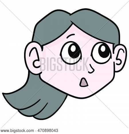 Beauty Woman Head Is Gawking Upwards, Vector Illustration Carton Emoticon. Doodle Icon Drawing