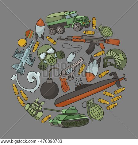 Circular Pattern With Military Equipment Vector Illustration. Drawings Of Transport, Bombs, Bullets,