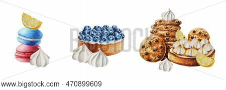 Watercolor Set Of Compositions With Lemon Tart, Biscuits, Marshmallows In Chocolate, Meringue, Blueb