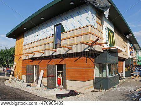 June 16, 2012. Tbilisi, Georgia. Construction Of A New Mcdonald's Restaurant Building. Facade Works 