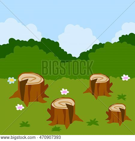 Stump In Forest Meadow. Green Field With Grass. Background For Child Drawing. Summer Nature. Funny S