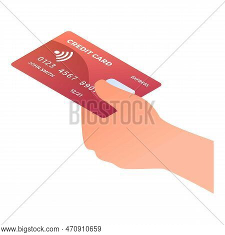 Hand Take Red Credit Card Icon. Isometric Of Hand Take Red Credit Card Icon For Web Design Isolated 