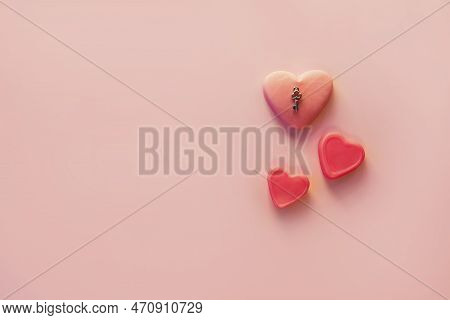 Three Red Hearts View Flatlay On Pink Background