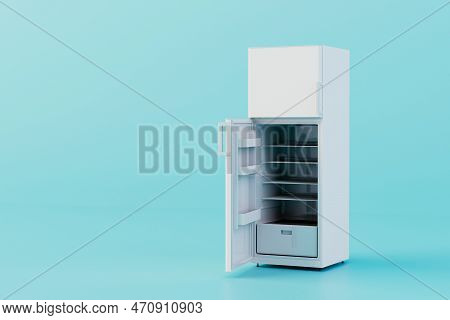 The Concept Of Long-term Storage Of Food. Open White Refrigerator On A Blue Background. 3d Render.