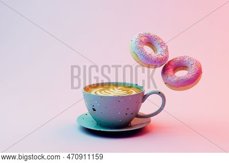Love For Morning Coffee. A Cup Of Coffee And Donuts On A Pastel Background. 3d Render.