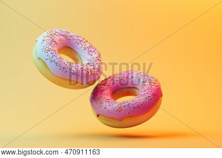 Love Of Doughnuts. Donuts With Colored Glaze Flying Across Pastel Backgrounds. 3d Render.