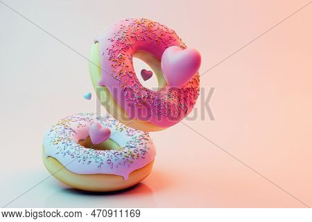 Love Of Sweets. Donuts With Hearts On A Pastel Background. 3d Render.