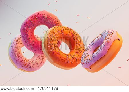 Love Of Sweets. Donuts Flying Across The Pastel Background. 3d Render.
