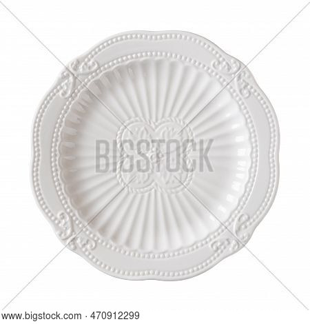 Empty Dessert Porcelain Plate Cutout. White Dish With A Textured Floral Pattern Isolated On A White 